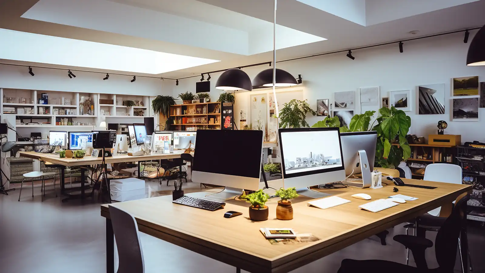 Office of a web development agency with tables and desktop comuters