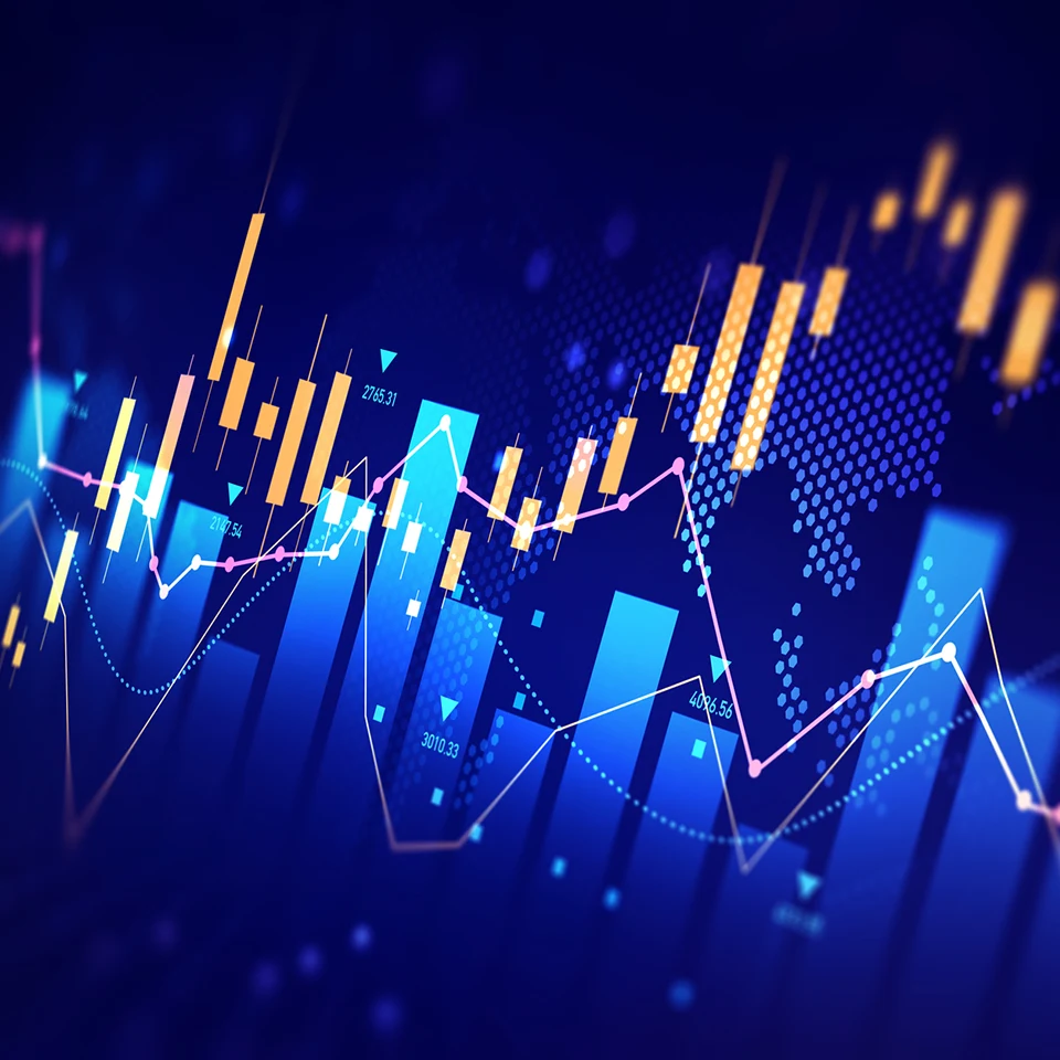 Layers of translucent charts and graphs in front of an digital map of the world.