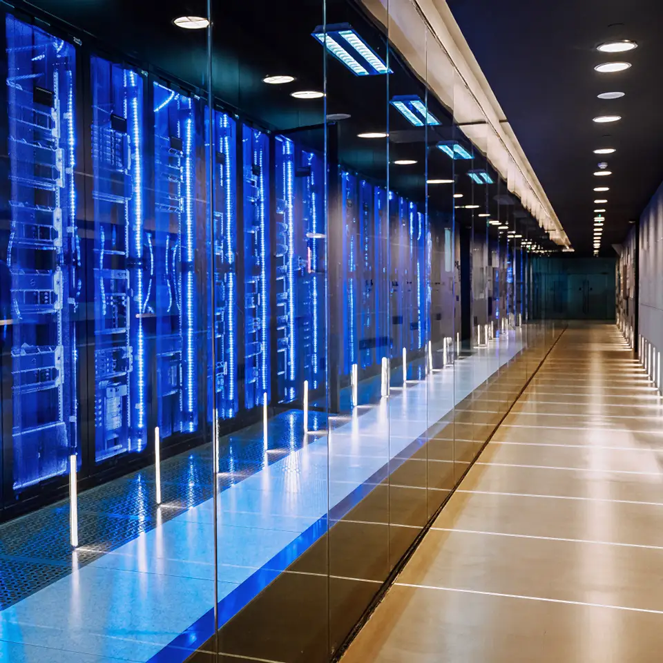 Clean and modern server room with many banks of servers.